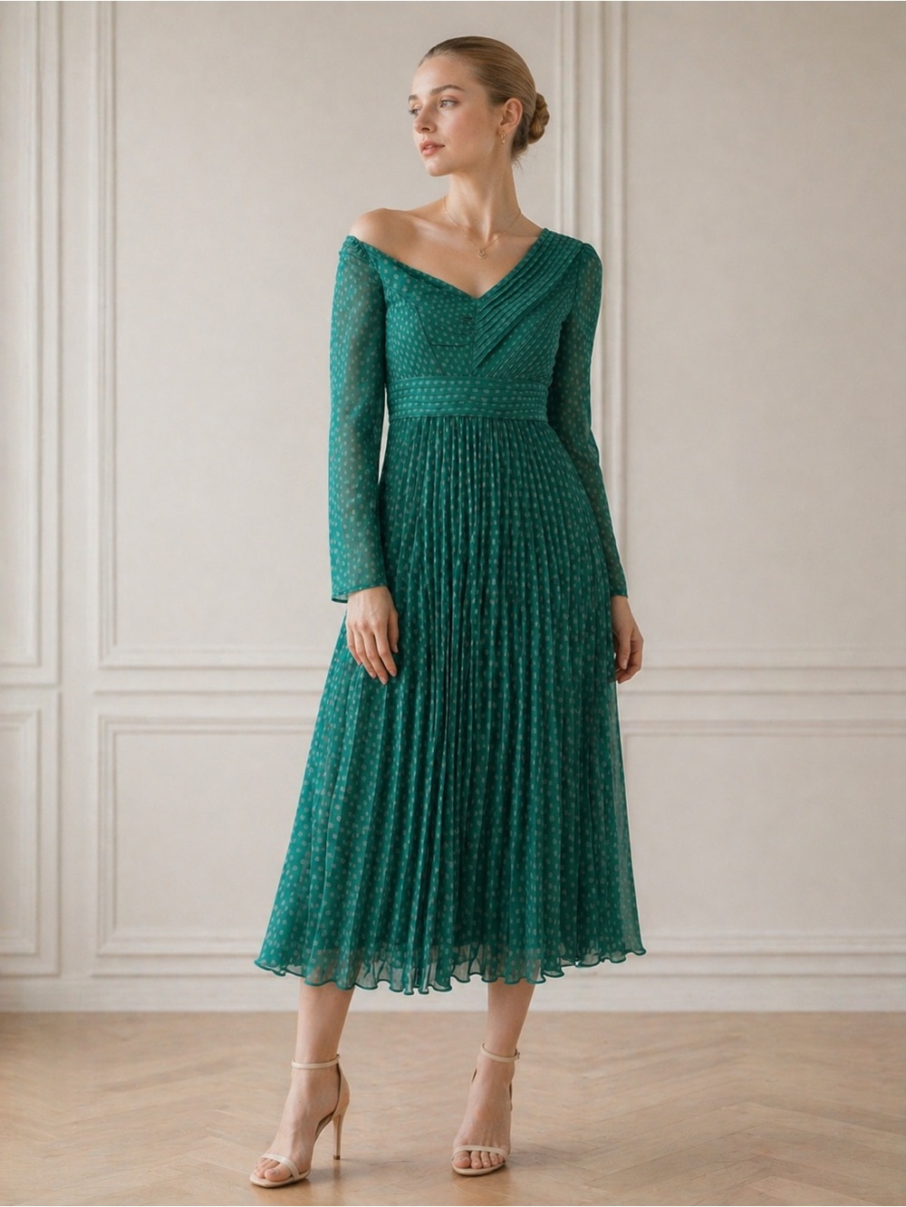 Emerald Green Off-Shoulder Pleated Midi Dress